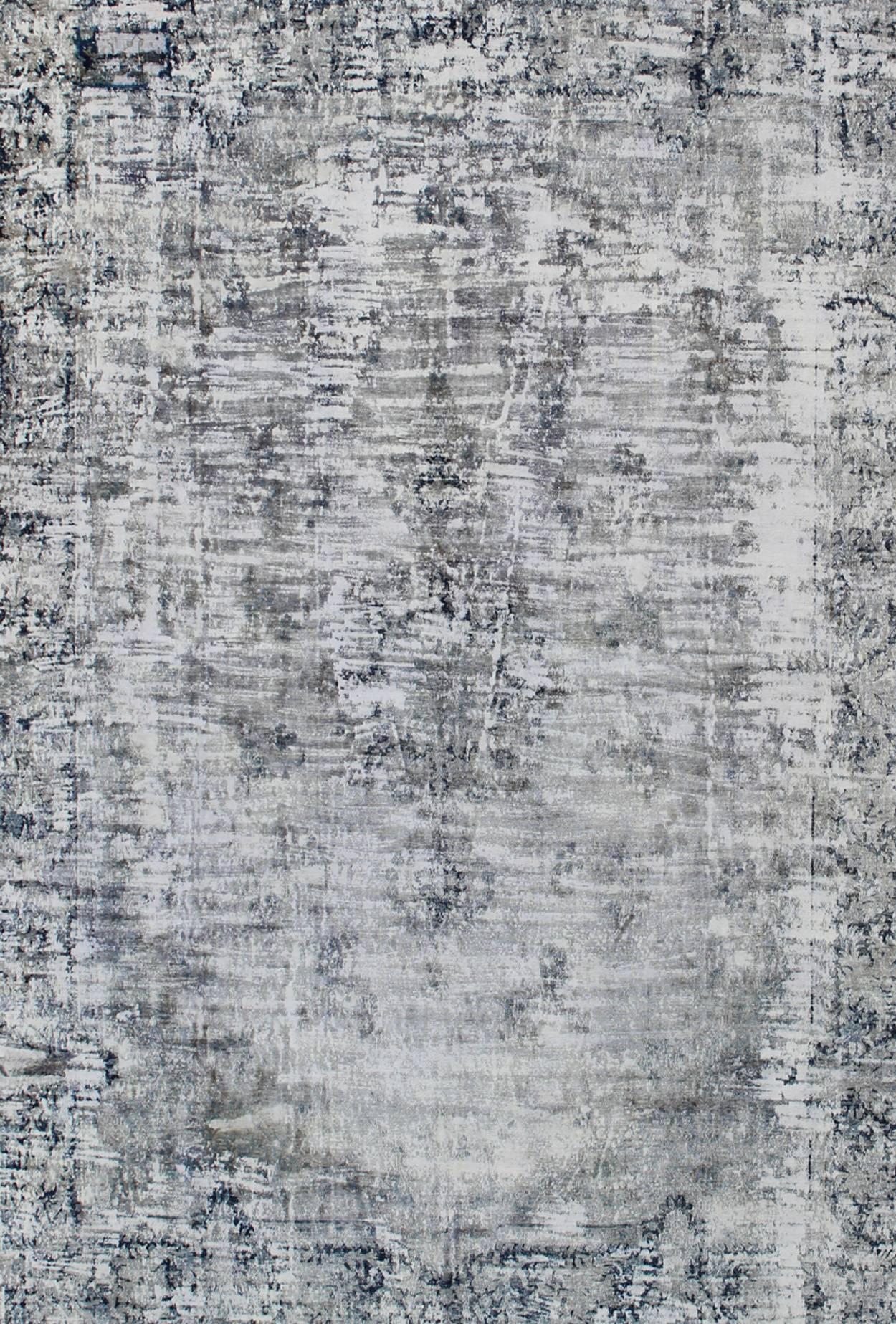 Modern Distressed Vintage Rug with Abstract Design in Silver, Blue, Gray, L. Green For Sale