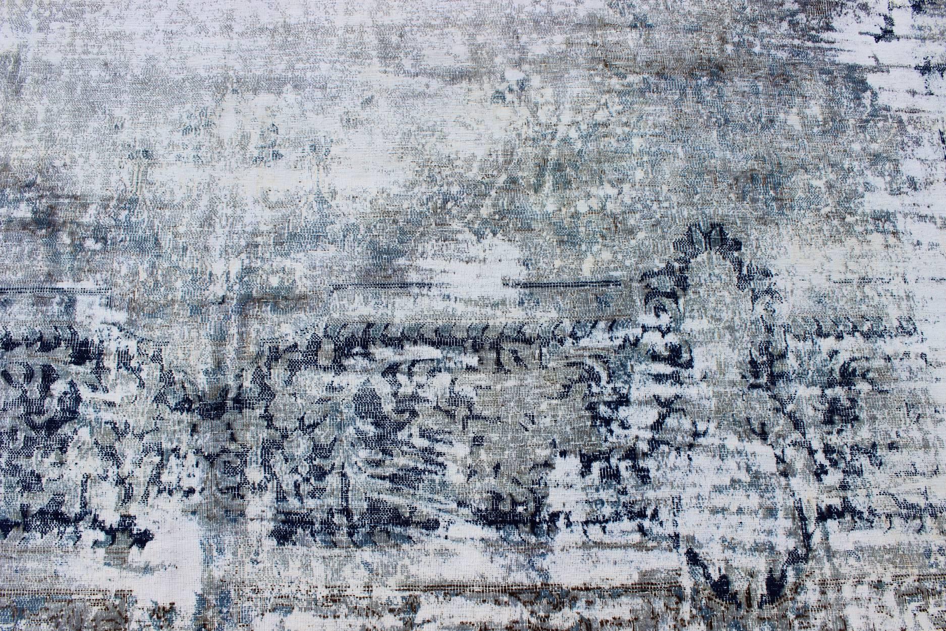 Distressed Vintage Rug with Abstract Design in Silver, Blue, Gray, L. Green In Distressed Condition For Sale In Atlanta, GA