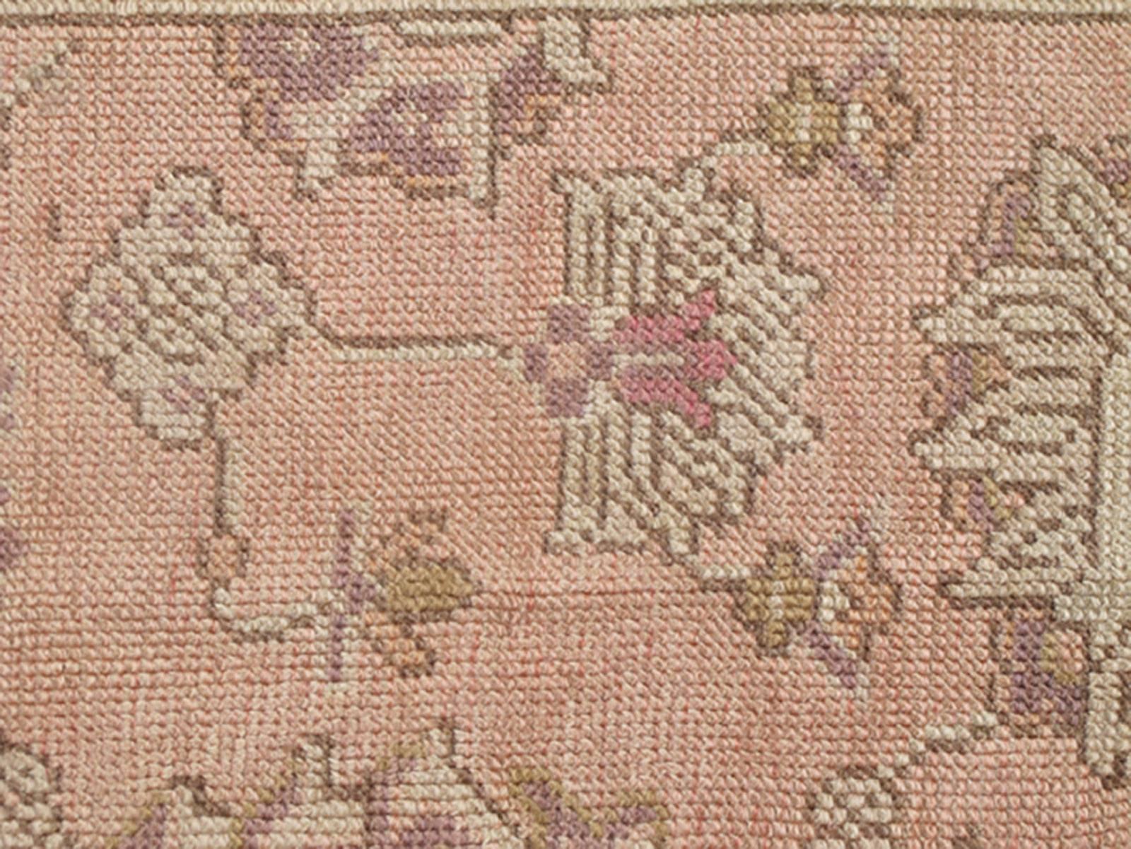 Wool Antique Turkish Oushak Rug with Floral Motifs in Lavender, Coral-Pink, and Green For Sale