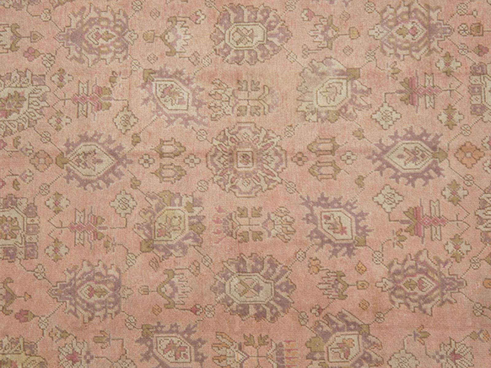 Hand-Knotted Antique Turkish Oushak Rug with Floral Motifs in Lavender, Coral-Pink, and Green For Sale