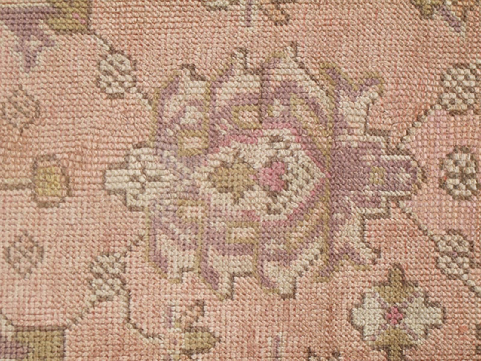 Antique Turkish Oushak Rug with Floral Motifs in Lavender, Coral-Pink, and Green For Sale 1