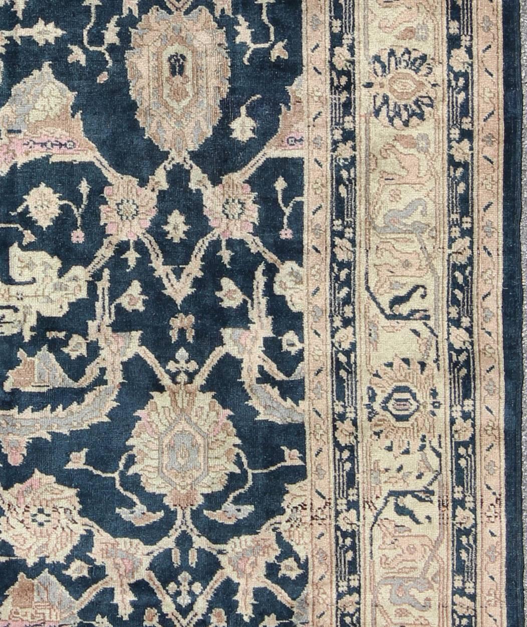 Oushak Turkish Vintage Carpet with Deep Navy Background and Lovely Botanical Motifs For Sale
