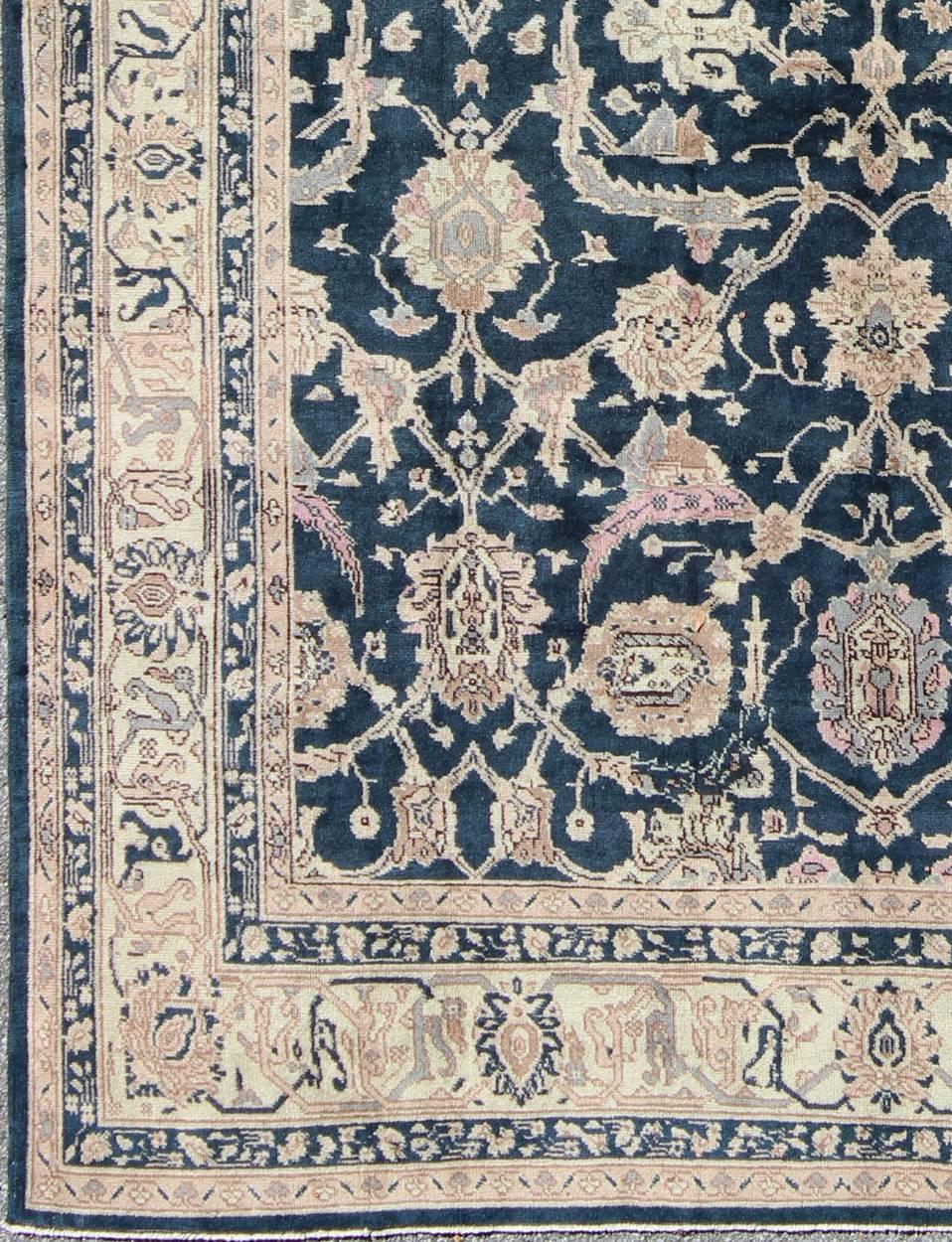 Deep Navy Blue Vintage Turkish Rug. Keivan Woven Arts/ rug/en-140898, origin/turkey

Measures: 8.3 x 10.10.

This Turkish rug contains subtle tones of light pink, lavender, and cream, which are highlighted by deep navy blue field.  The stylized