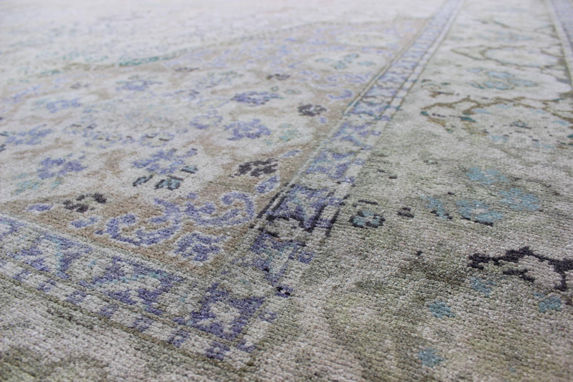 20th Century Vintage Turkish Rug with European Design in Various Shades of Lavender and Green For Sale