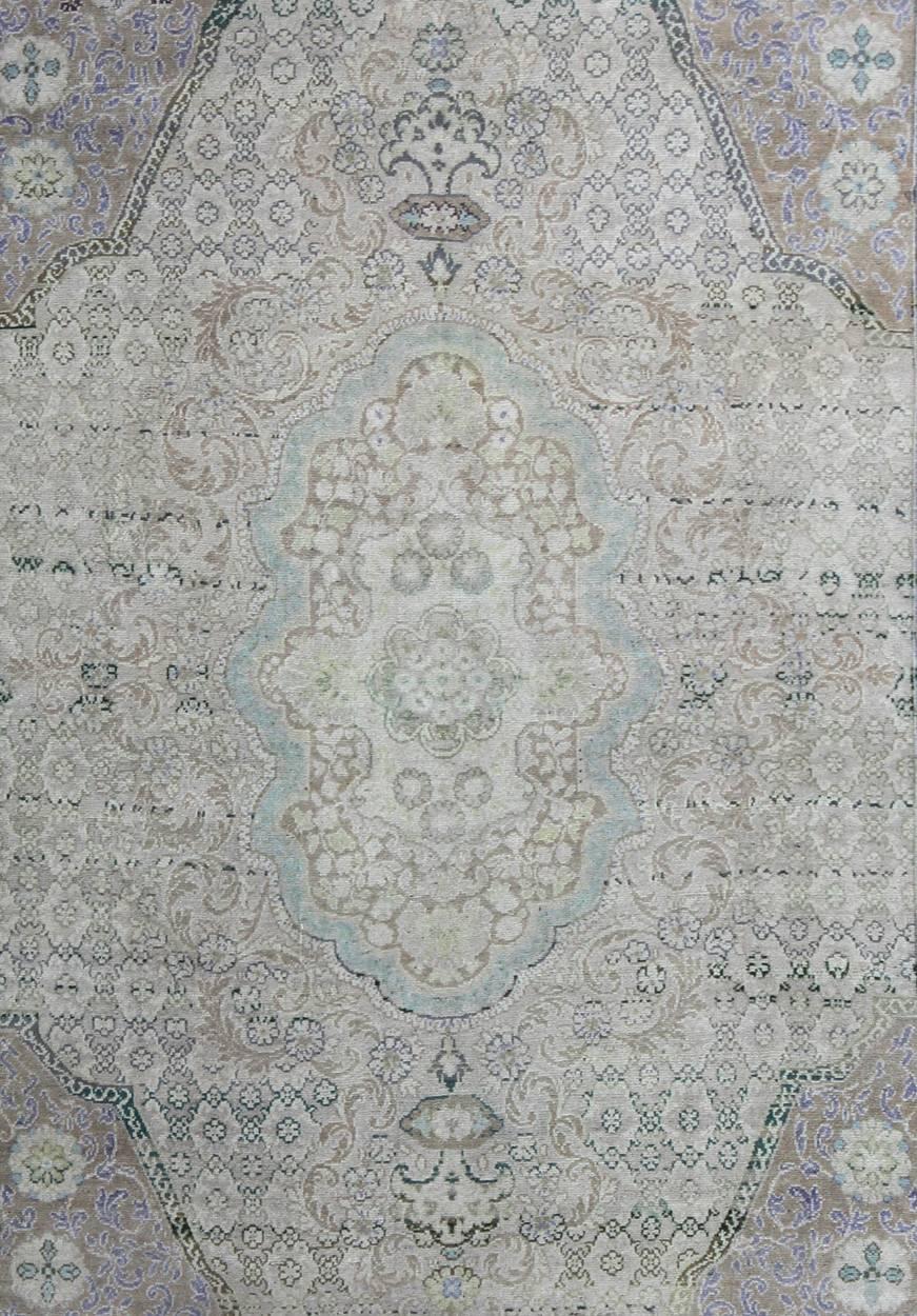 Oushak Vintage Turkish Rug with European Design in Various Shades of Lavender and Green For Sale