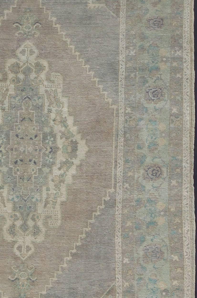 Hand-Knotted Vintage Turkish Oushak Rug in Lavender, Light Green, Gray  For Sale