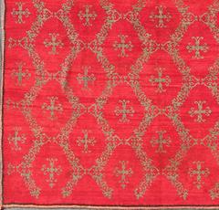 Vintage Turkish Konya Carpet with Cross Design and Bright Red Background