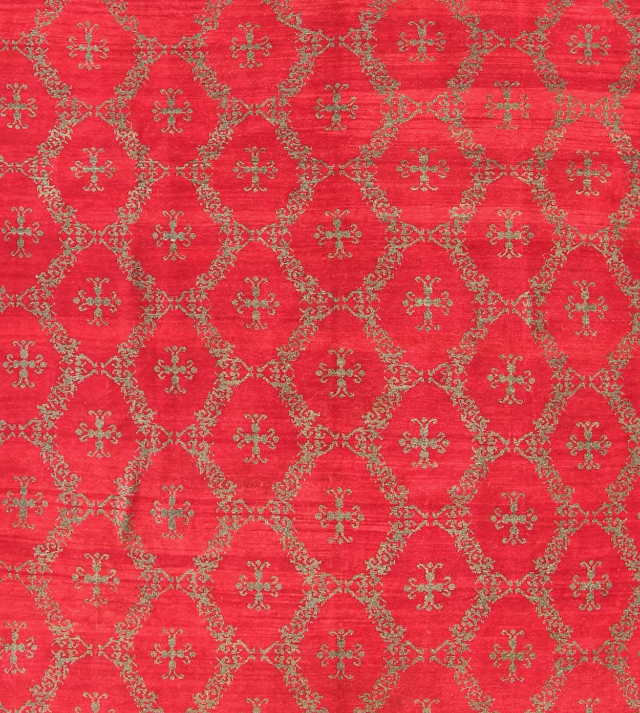 Oushak Tappeto turco vintage di Konya con disegno a croce e sfondo rosso brillante in vendita