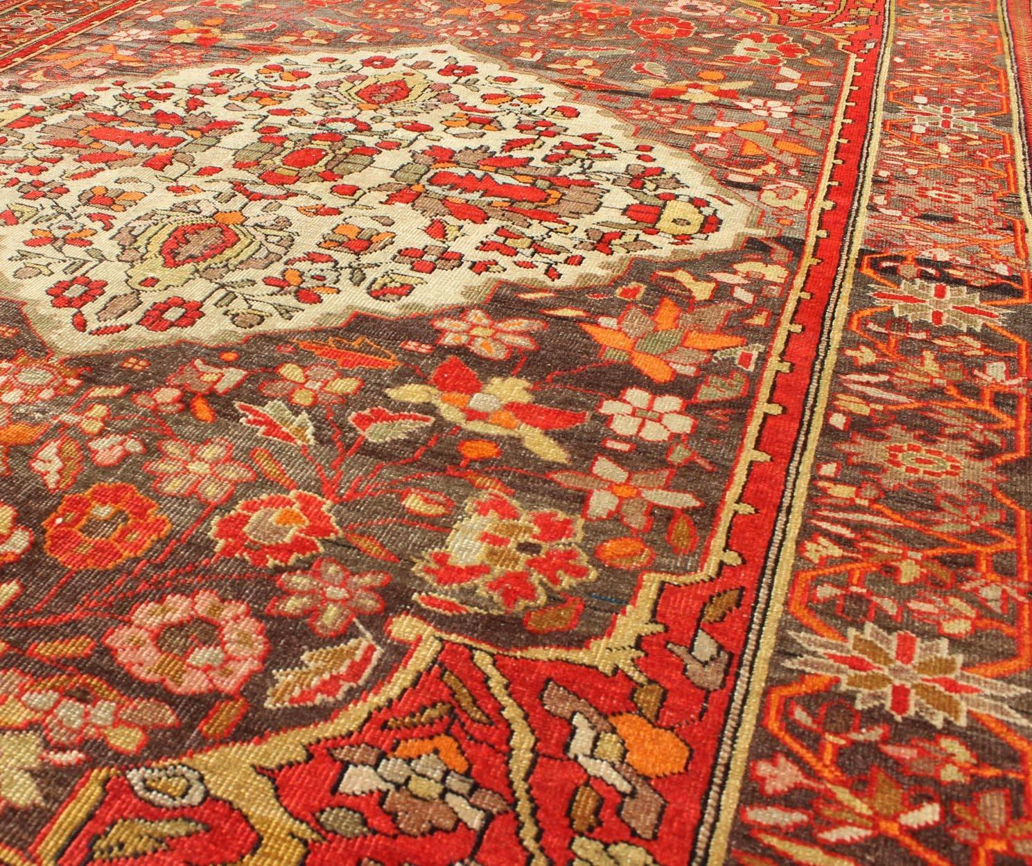 Sarouk Farahan Rug with Florals and Vine Scrolls in Red, Ivory, Taupe and Orange In Excellent Condition For Sale In Atlanta, GA