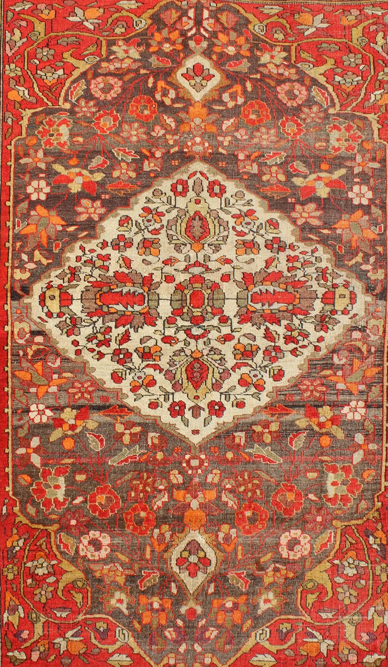 Persian Sarouk Farahan Rug with Florals and Vine Scrolls in Red, Ivory, Taupe and Orange For Sale