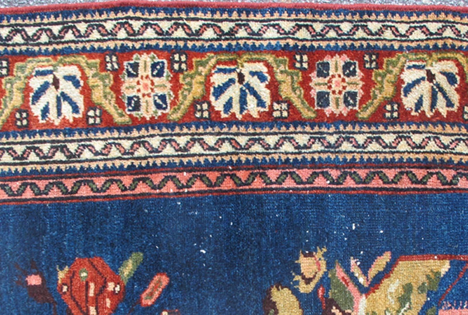 Antique Malayer Persian Carpet with Large Flowers on Deep Blue Field In Excellent Condition For Sale In Atlanta, GA