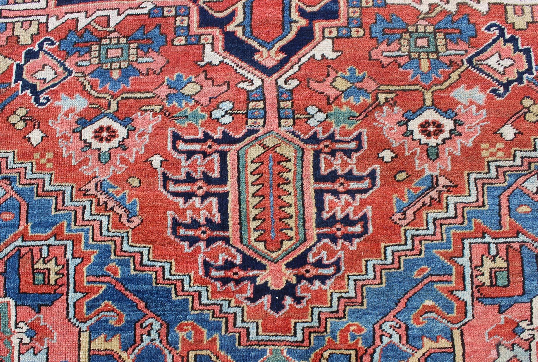 Heriz Serapi Antique Heriz-Serapi Persian Carpet with Geometric Medallion in Red and Blue