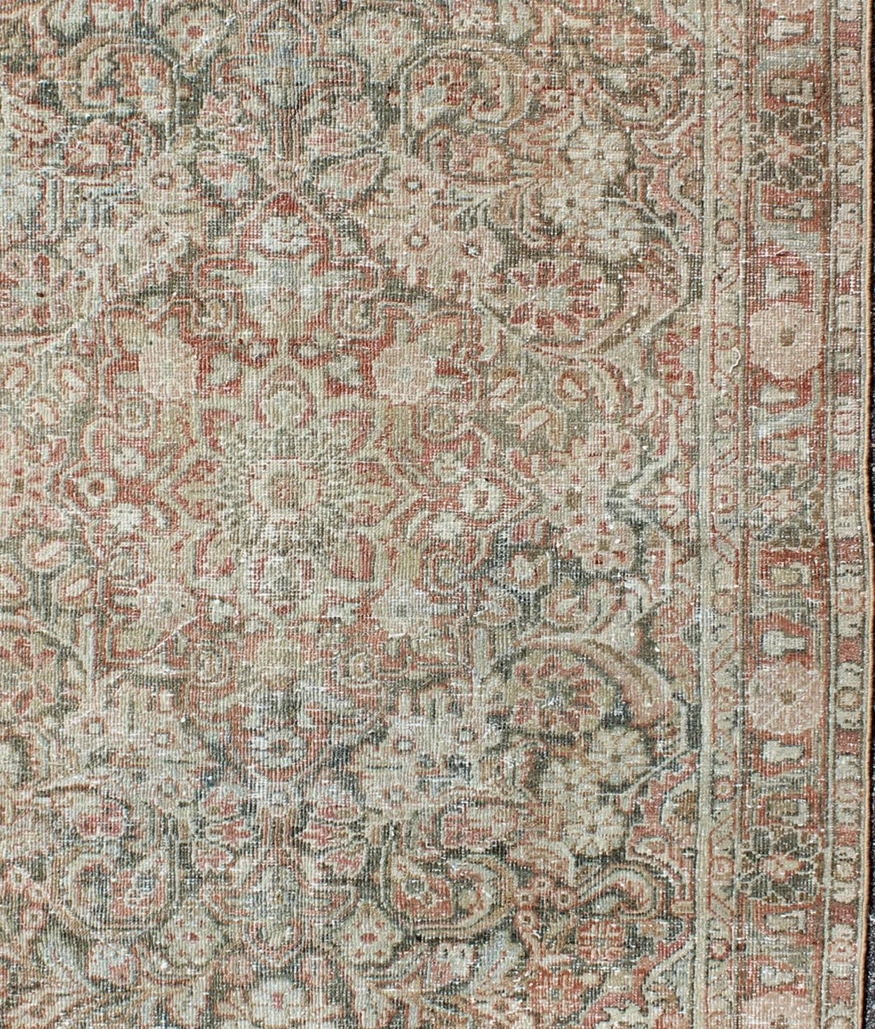Hand-Knotted Antique Persian Mahal Carpet with Flowers and Palmettes in Faint Green