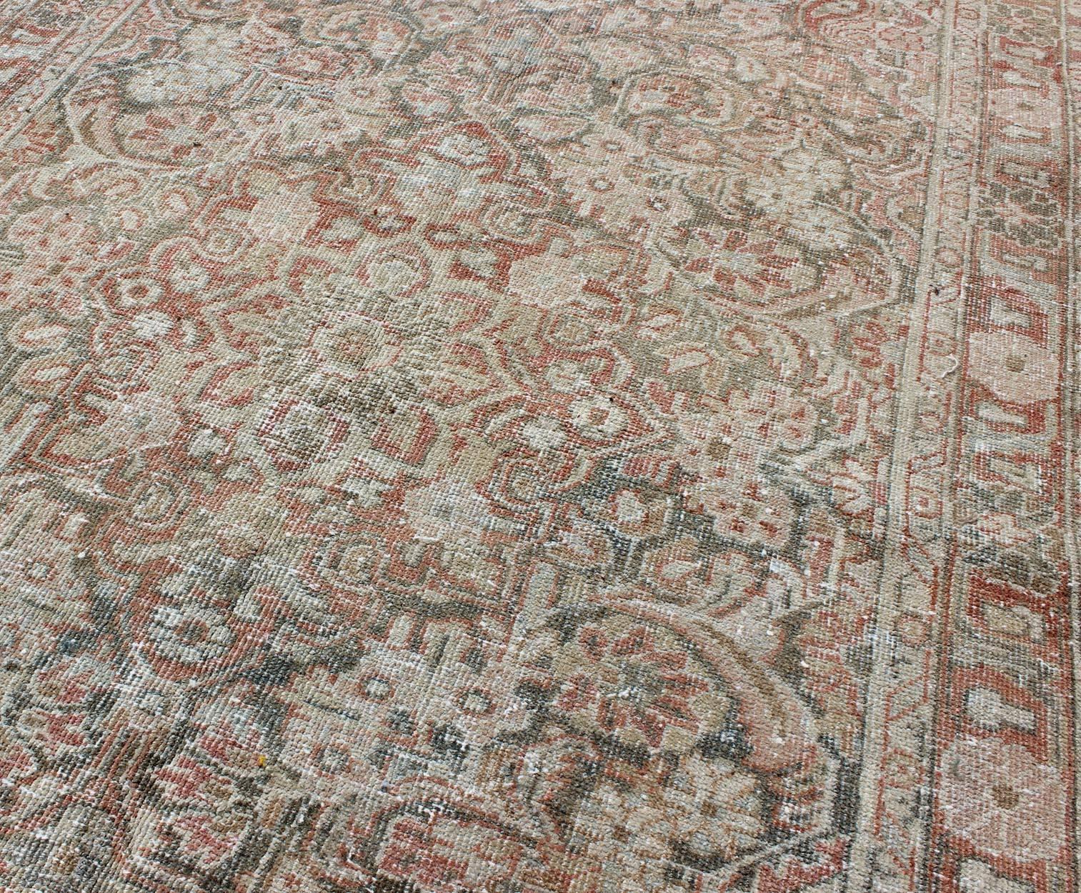 Early 20th Century Antique Persian Mahal Carpet with Flowers and Palmettes in Faint Green