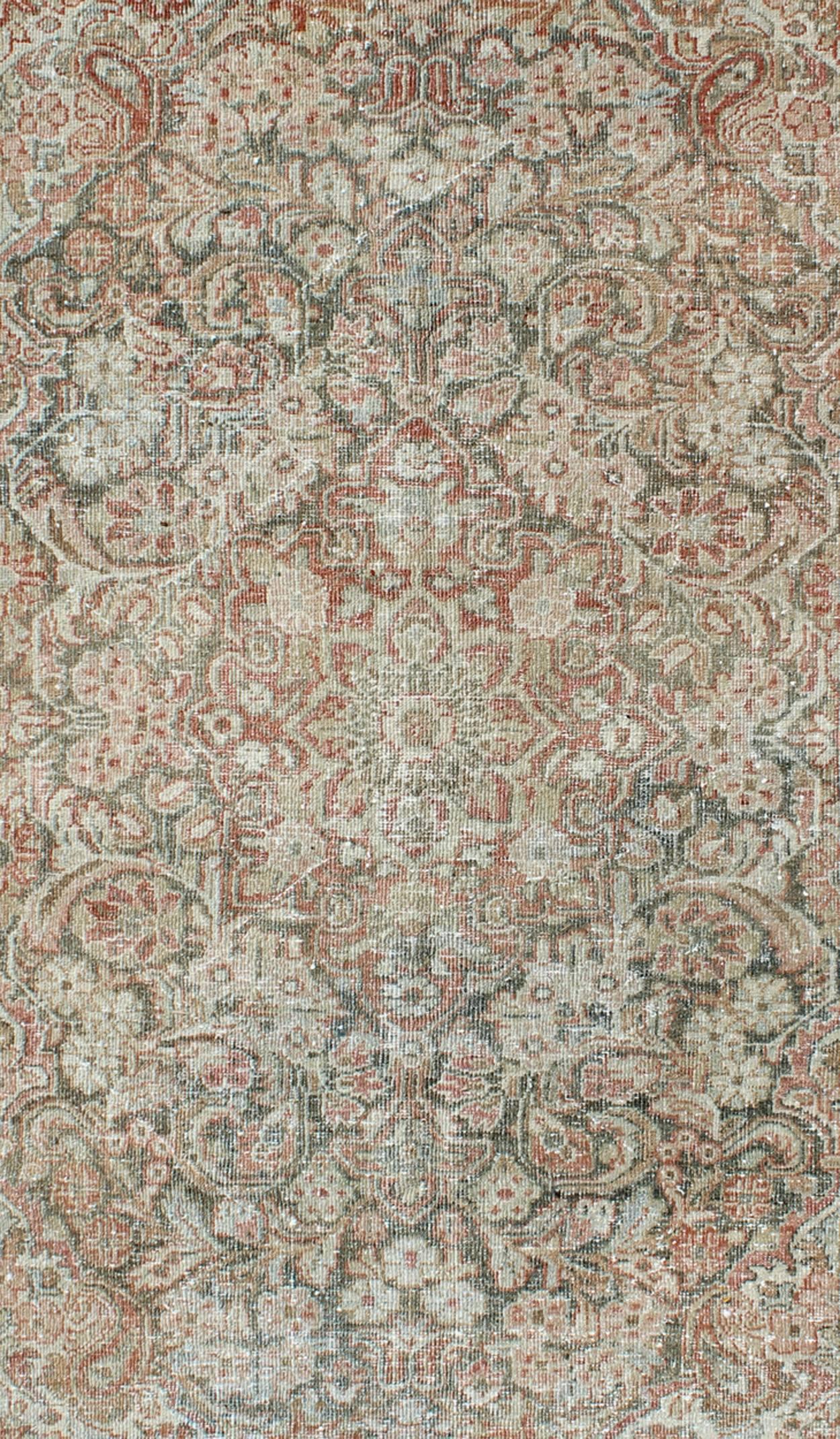Sultanabad Antique Persian Mahal Carpet with Flowers and Palmettes in Faint Green