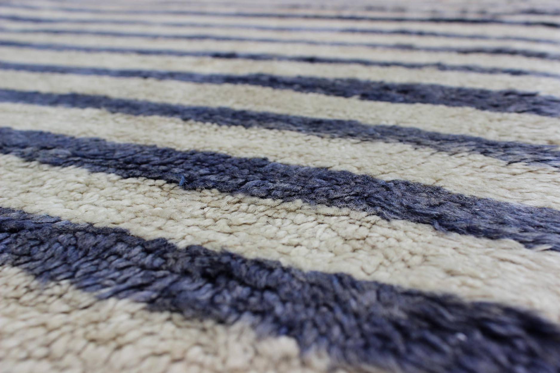 Mid-20th Century Turkish Angora Tulu Carpet with Cream and Navy Blue Stripe Pattern