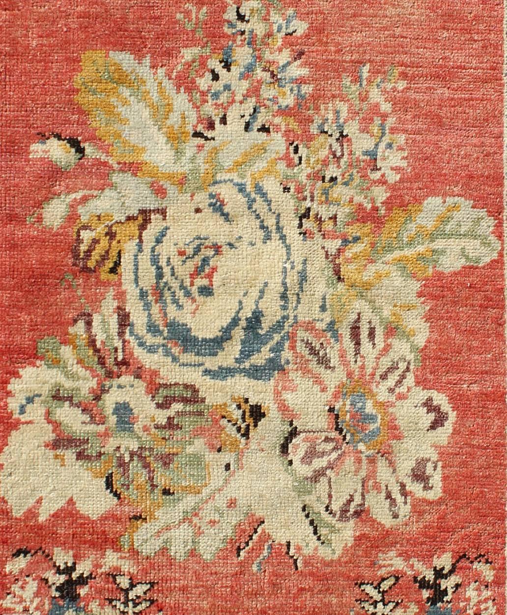 Hand-Knotted Vintage Turkish Oushak Carpet with Bouquets of Colorful Flowers in Red and Teal For Sale