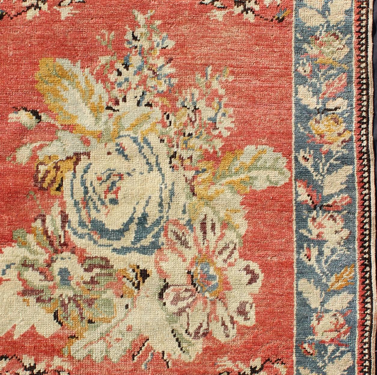 Vintage Turkish Oushak Carpet with Bouquets of Colorful Flowers in Red and Teal In Excellent Condition For Sale In Atlanta, GA