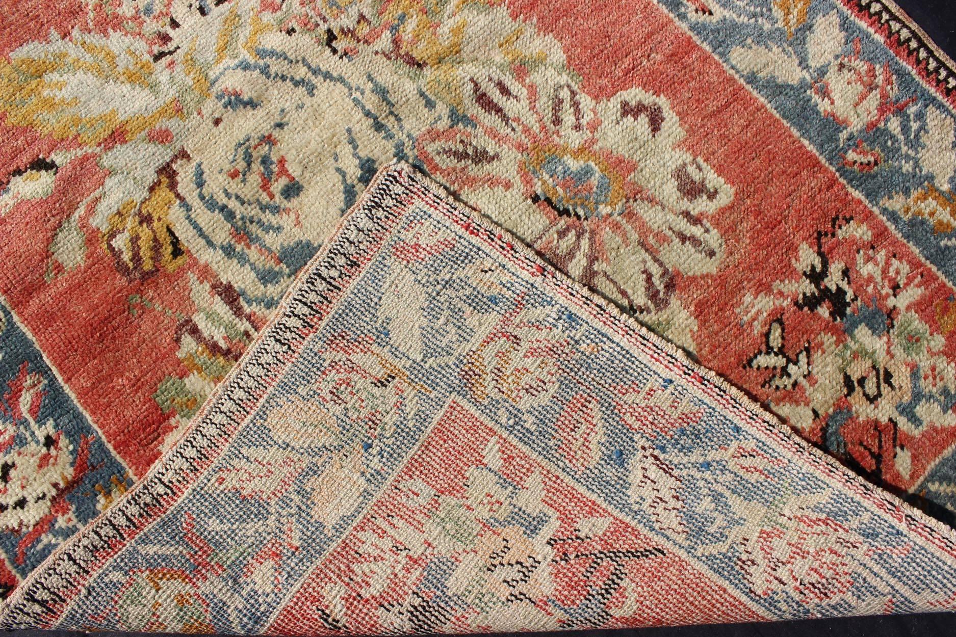 Wool Vintage Turkish Oushak Carpet with Bouquets of Colorful Flowers in Red and Teal For Sale