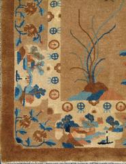 Antique Chinese Peking Carpet with Floral and Bird Design in Camel and Blue