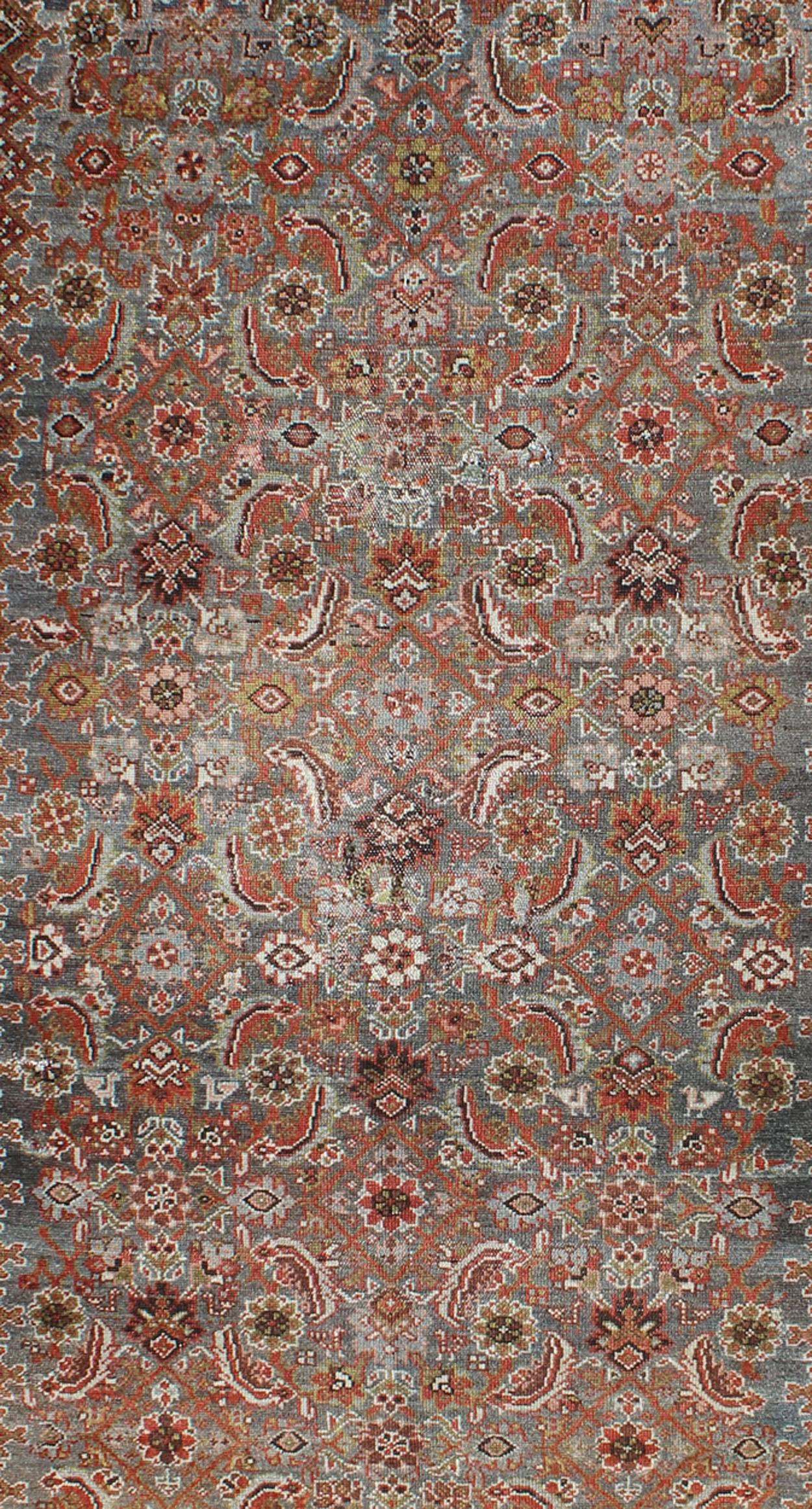 Hand-Knotted Antique Persian Malayer Rug with Gray, Light Blue, Red and Taupe For Sale