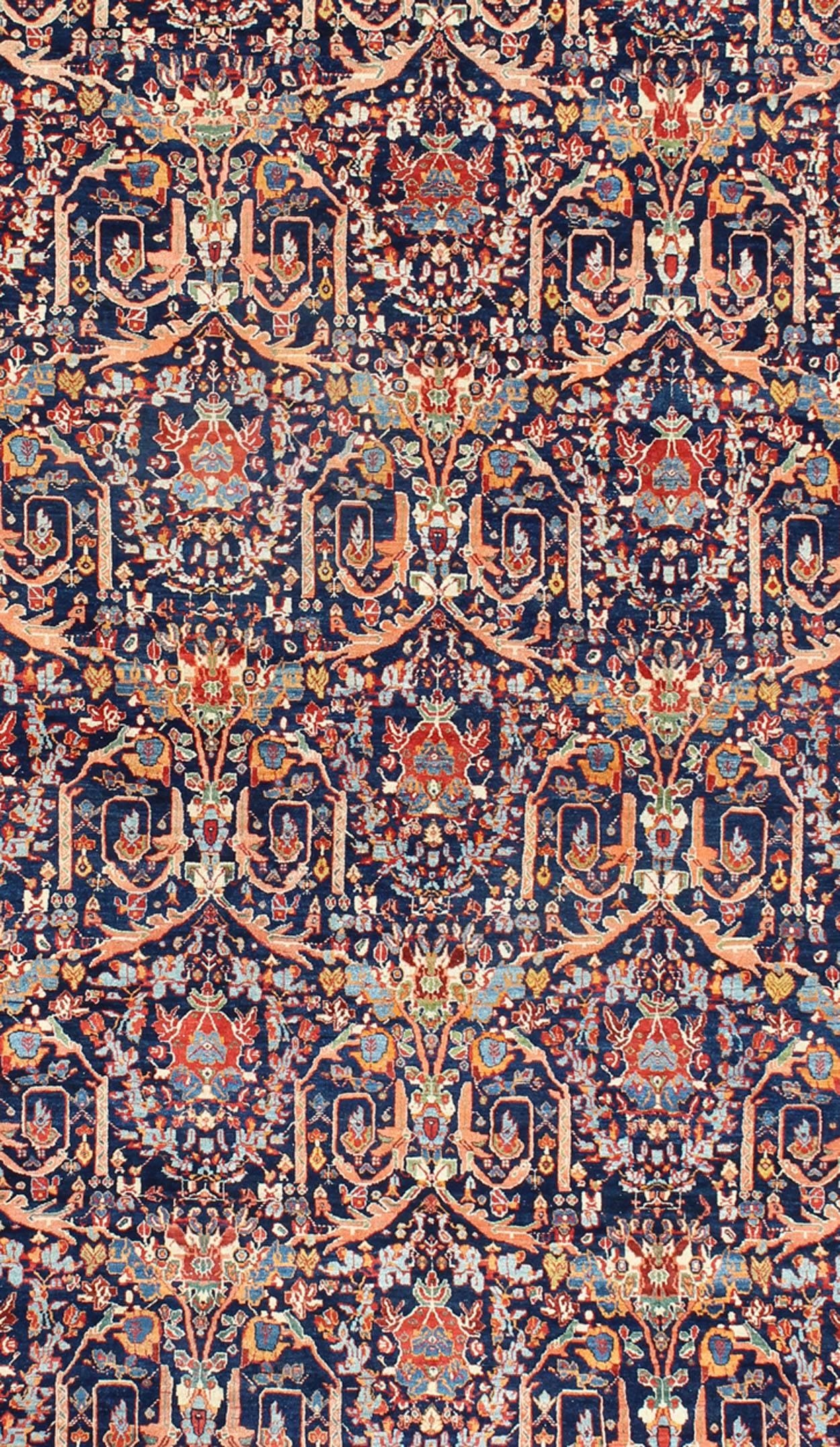 Hand-Knotted Large Antique Persian Sultanabad Rug in Blue Background & Multi Colors For Sale