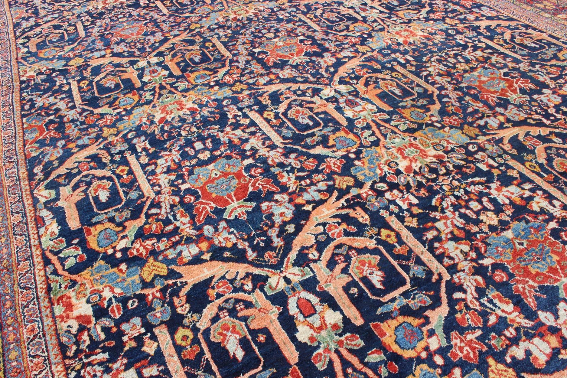 Large Antique Persian Sultanabad Rug in Blue Background & Multi Colors For Sale 1