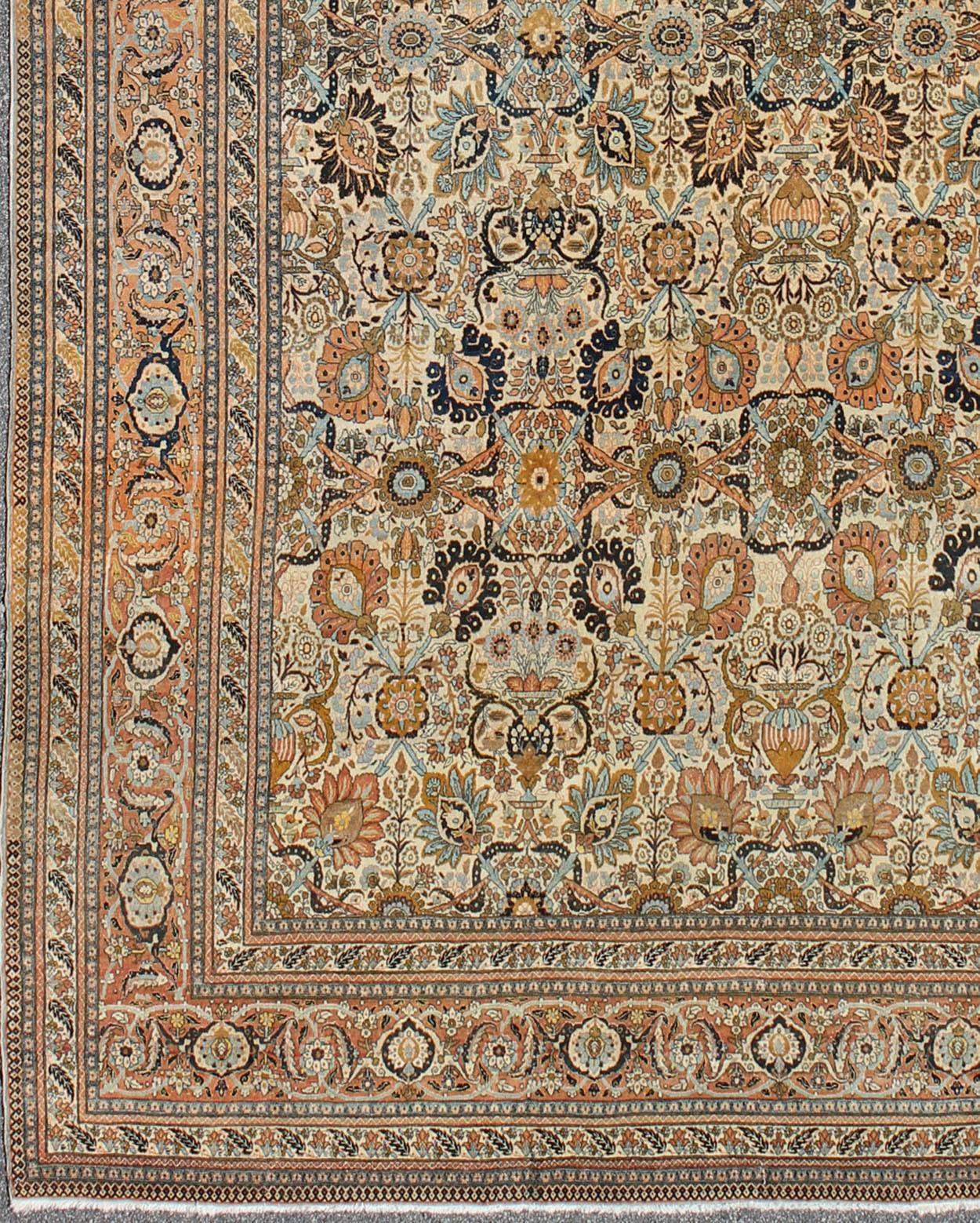 Extremely Finely woven and an exemplary Antique Persian Tabriz Haj Jalili Rug in Ivory Background and multi colors. Amazing condition. rug 17-0303, country of origin / type: Iran / Haj Jalili Tabriz, circa 1890.

Measures: 13'2 x 19'5.

This