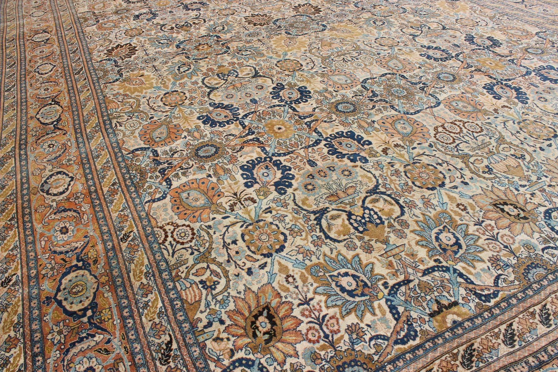 Late 19th Century Very Fine colorful Antique Persian Tabriz Haj Jalili Rug in Ivory Background  For Sale