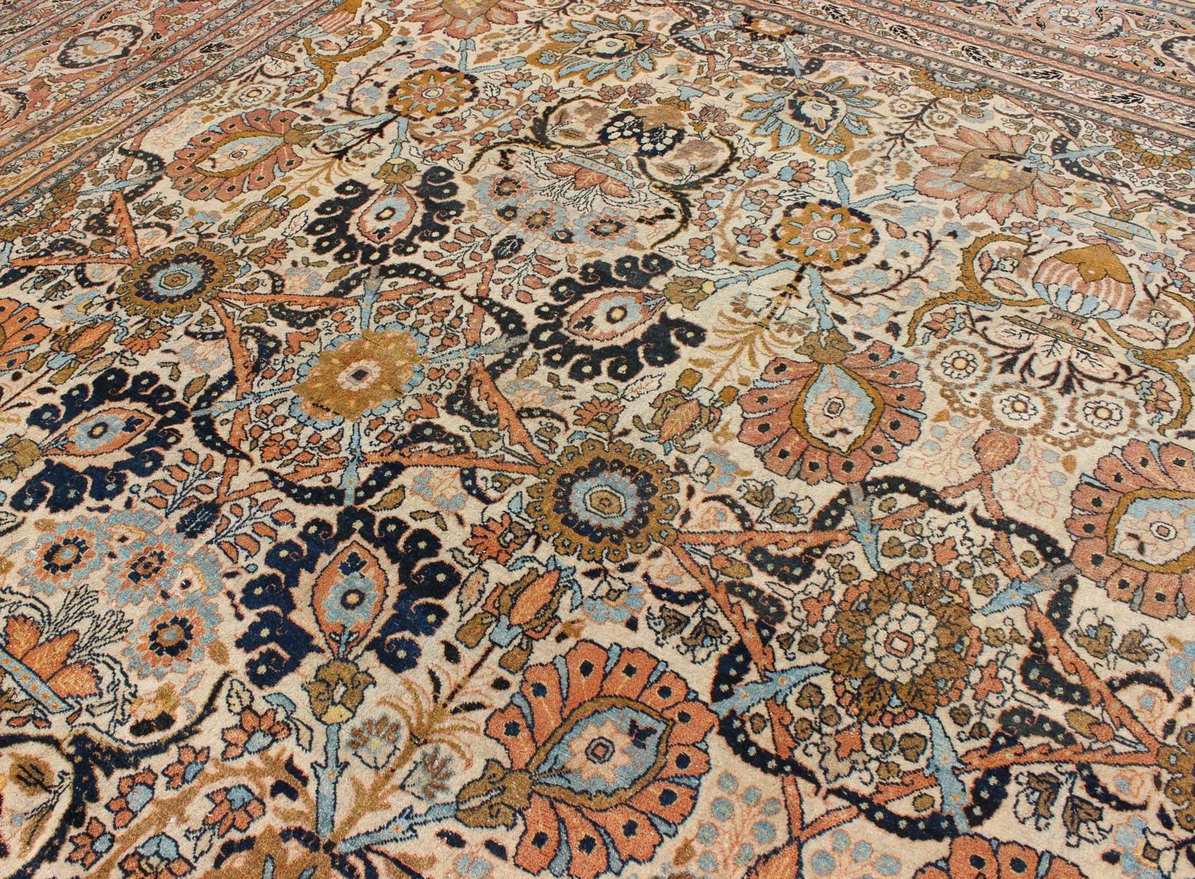 Very Fine colorful Antique Persian Tabriz Haj Jalili Rug in Ivory Background  For Sale 1