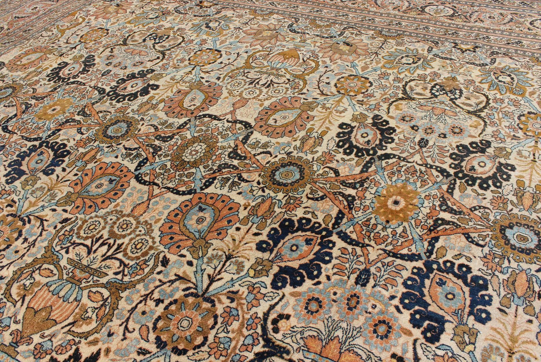 Very Fine colorful Antique Persian Tabriz Haj Jalili Rug in Ivory Background  For Sale 2