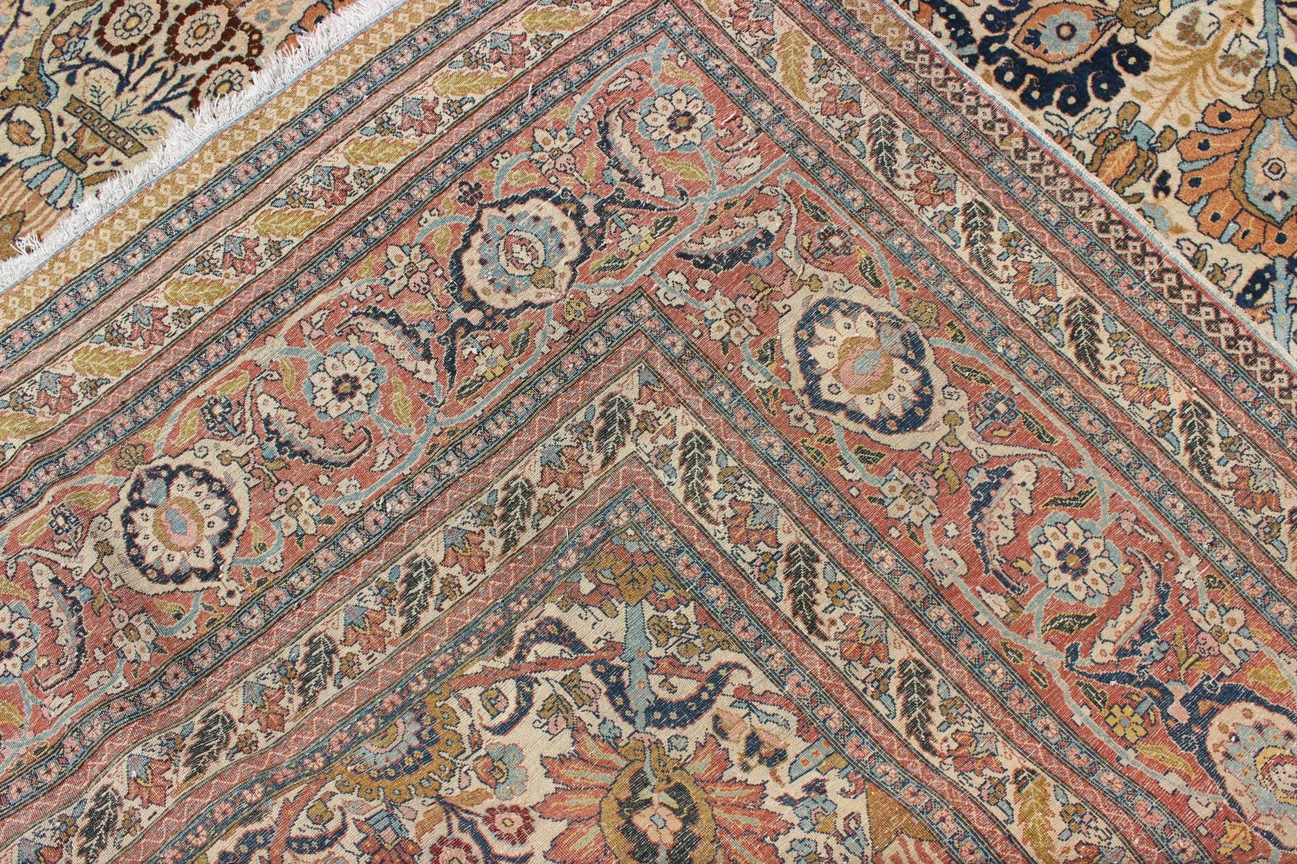 Wool Very Fine colorful Antique Persian Tabriz Haj Jalili Rug in Ivory Background  For Sale