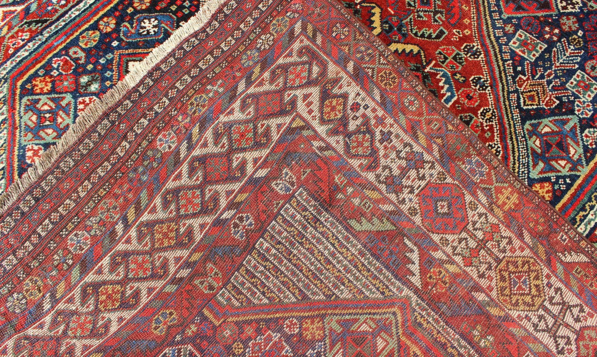 Hand-Knotted Antique Persian Qashqai Shiraz Tribal Rug with Hooked Diamond Design For Sale