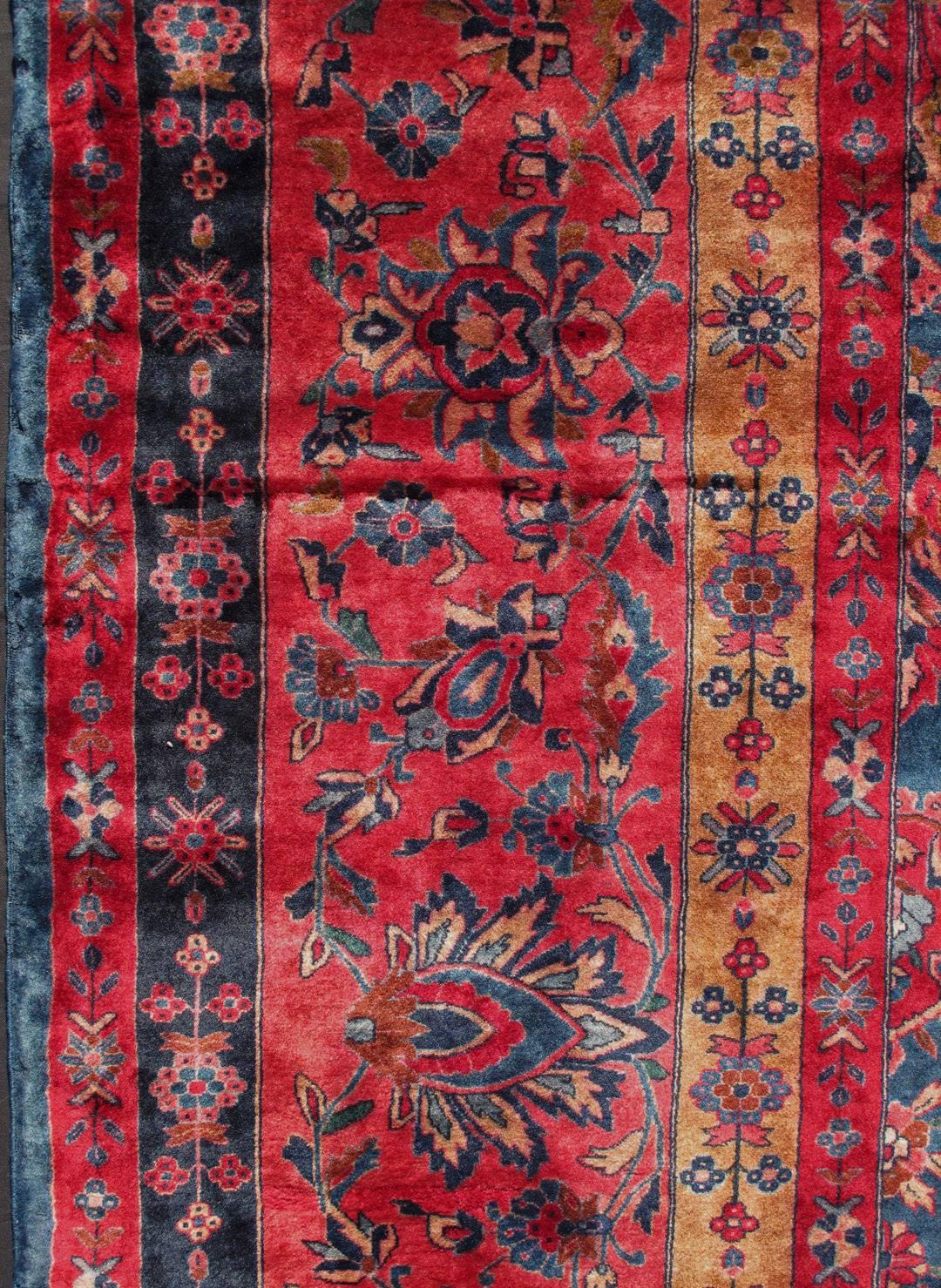 Persian Antique Fine Manchester Kashan Rug from Iran with Silk Wool in Blue and Red For Sale