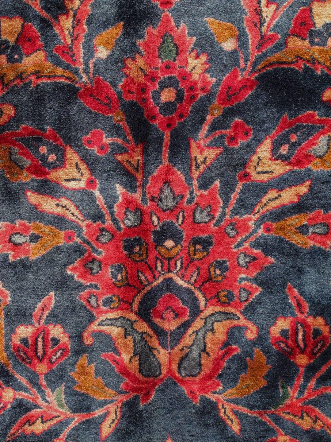 Hand-Knotted Antique Fine Manchester Kashan Rug from Iran with Silk Wool in Blue and Red For Sale