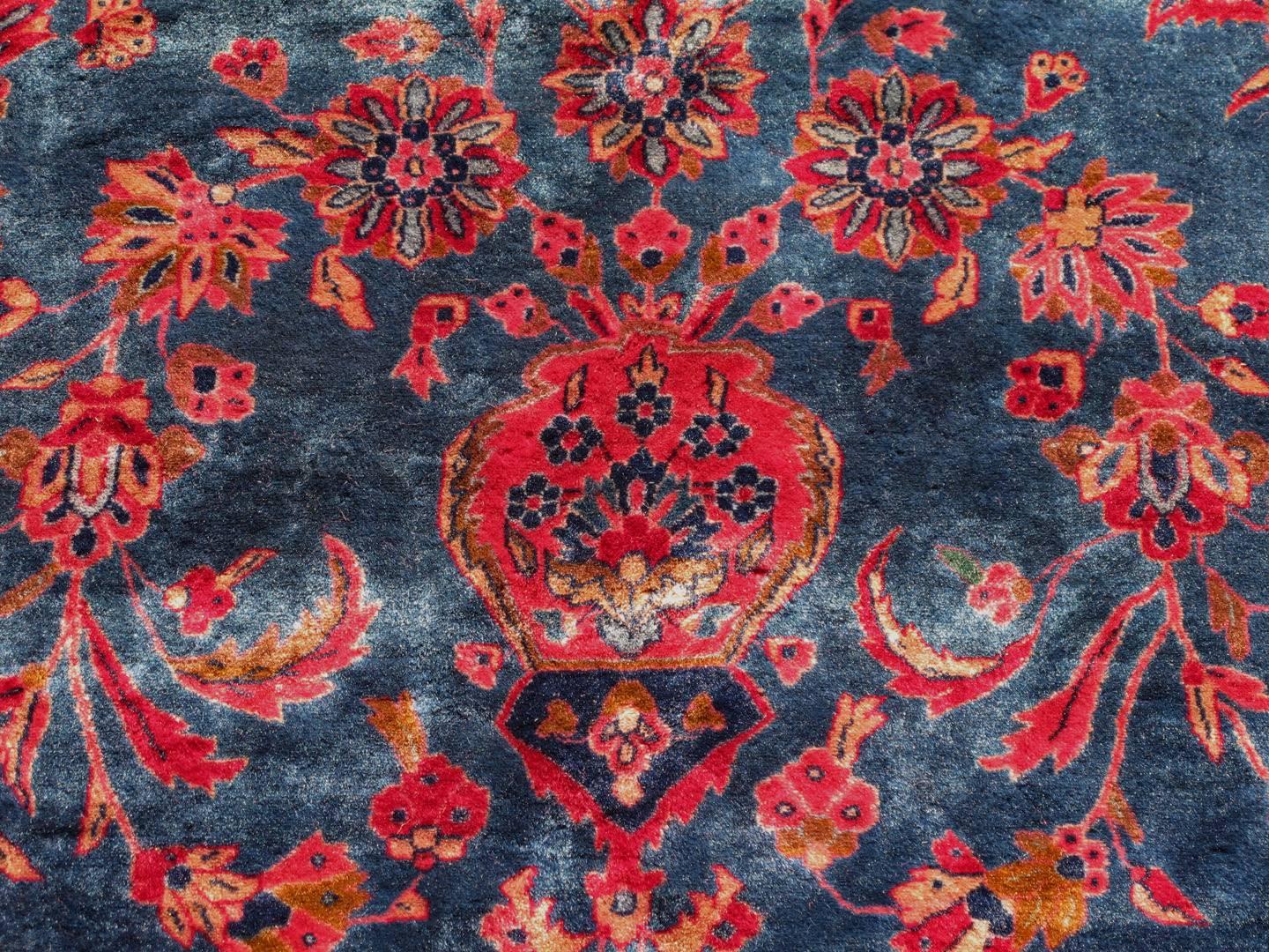 Antique Fine Manchester Kashan Rug from Iran with Silk Wool in Blue and Red In Excellent Condition For Sale In Atlanta, GA