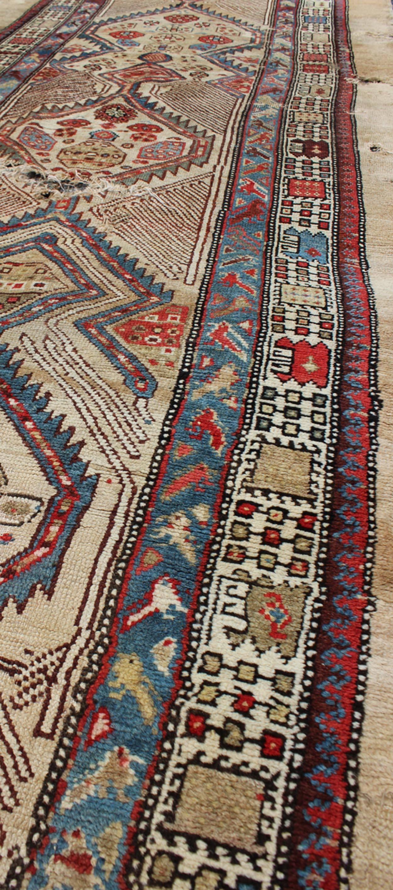 Persian Mid-19th Century Antique Serab Runner in Ivory, Blue and Red