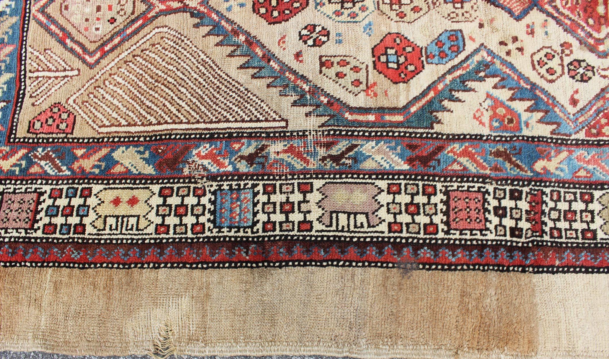 Mid-19th Century Antique Serab Runner in Ivory, Blue and Red In Fair Condition In Atlanta, GA