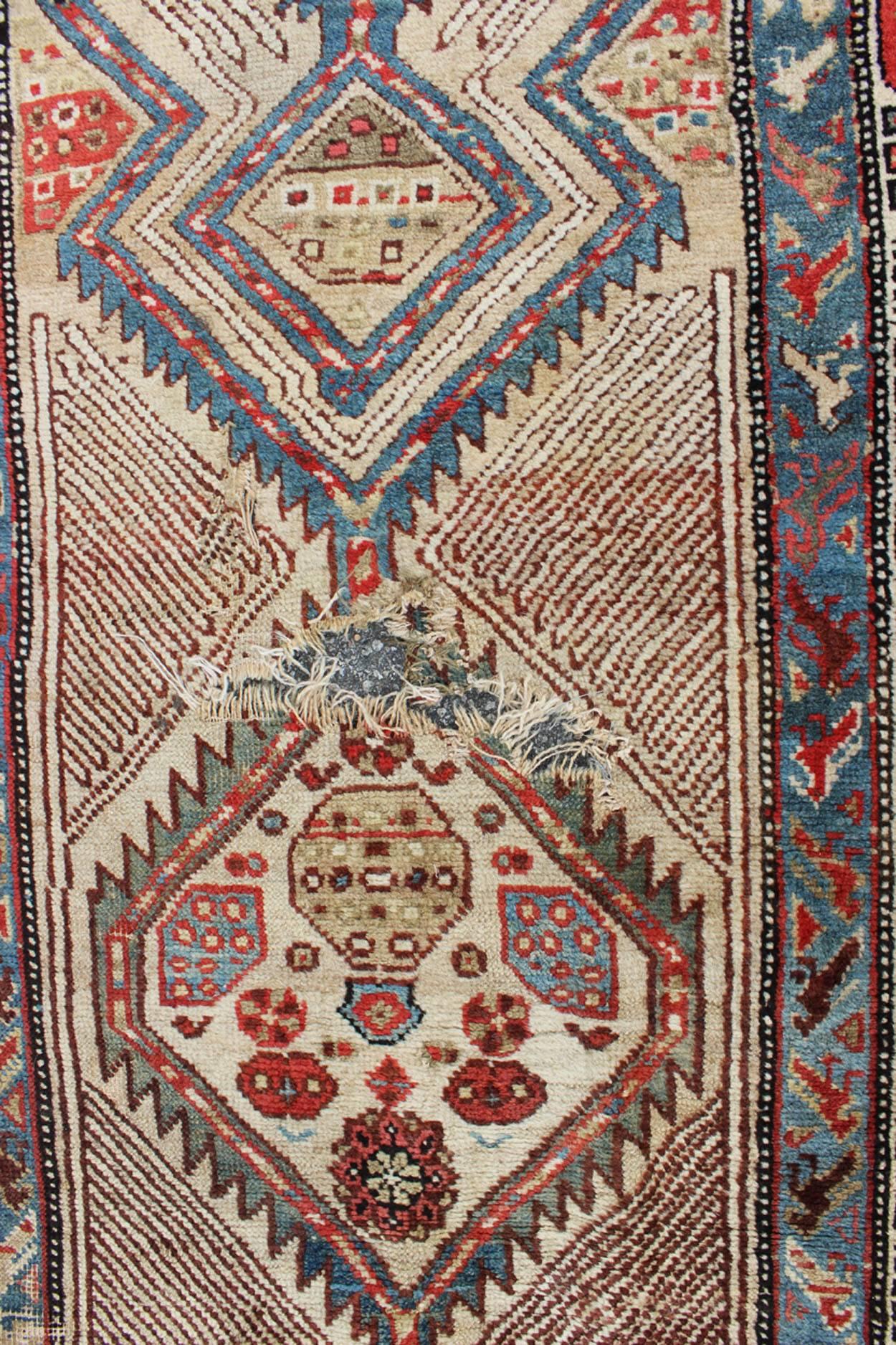 Tribal Mid-19th Century Antique Serab Runner in Ivory, Blue and Red