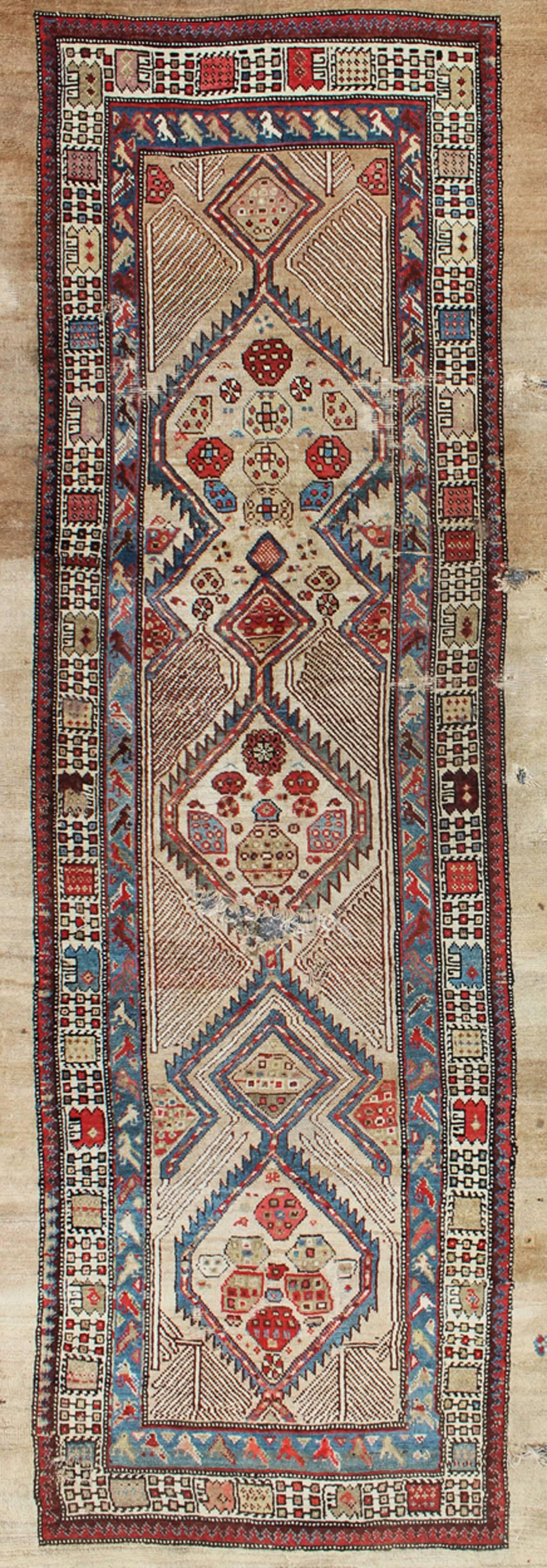 Hand-Knotted Mid-19th Century Antique Serab Runner in Ivory, Blue and Red