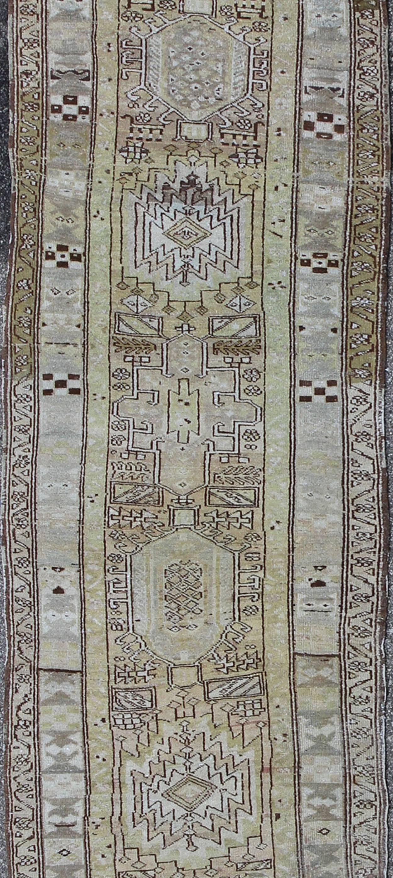 Persian Antique Heriz Runner With Geometric Design in Taupe, Yellow Green, Olive & Brown For Sale