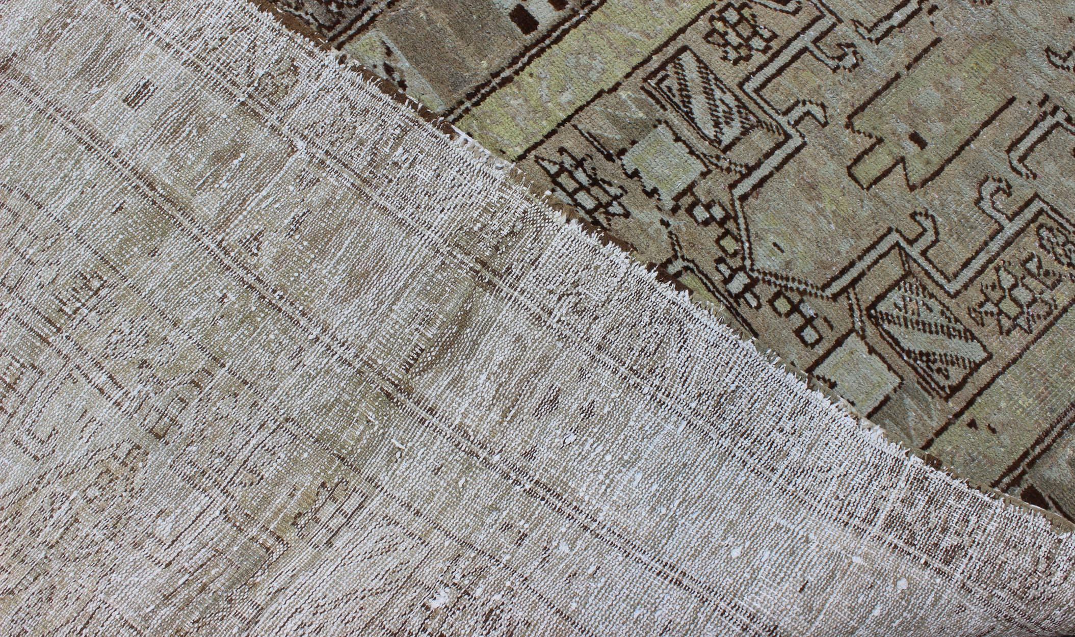 Hand-Knotted Antique Heriz Runner With Geometric Design in Taupe, Yellow Green, Olive & Brown For Sale