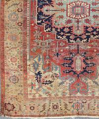 Antique Persian Serapi-Heriz Rug with Floral & Geometrics in Red, Blue and Camel