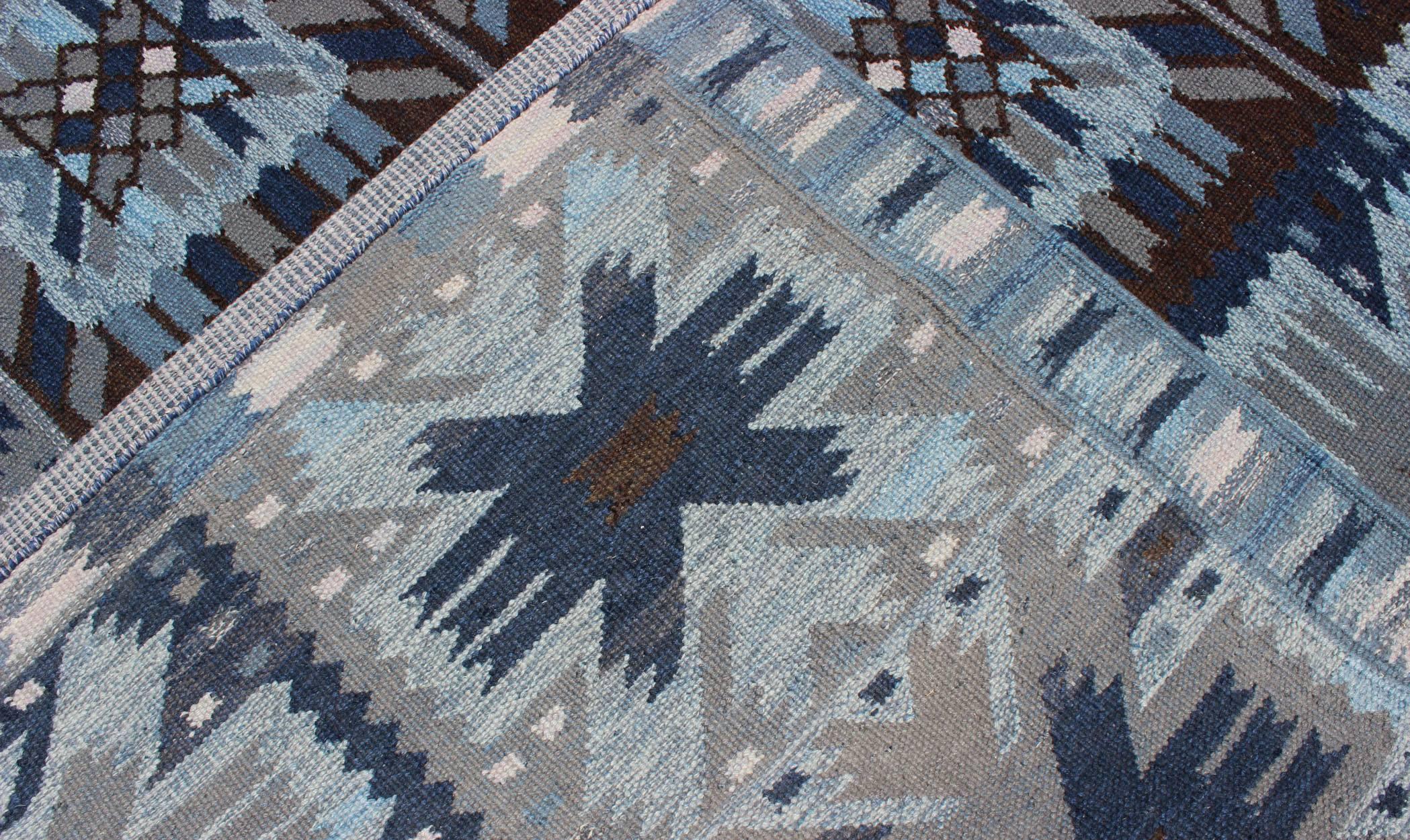 Scandinavian Flat-Weave Swedish Design Rug in Blue & Brown by Keivan Woven Arts In Excellent Condition For Sale In Atlanta, GA