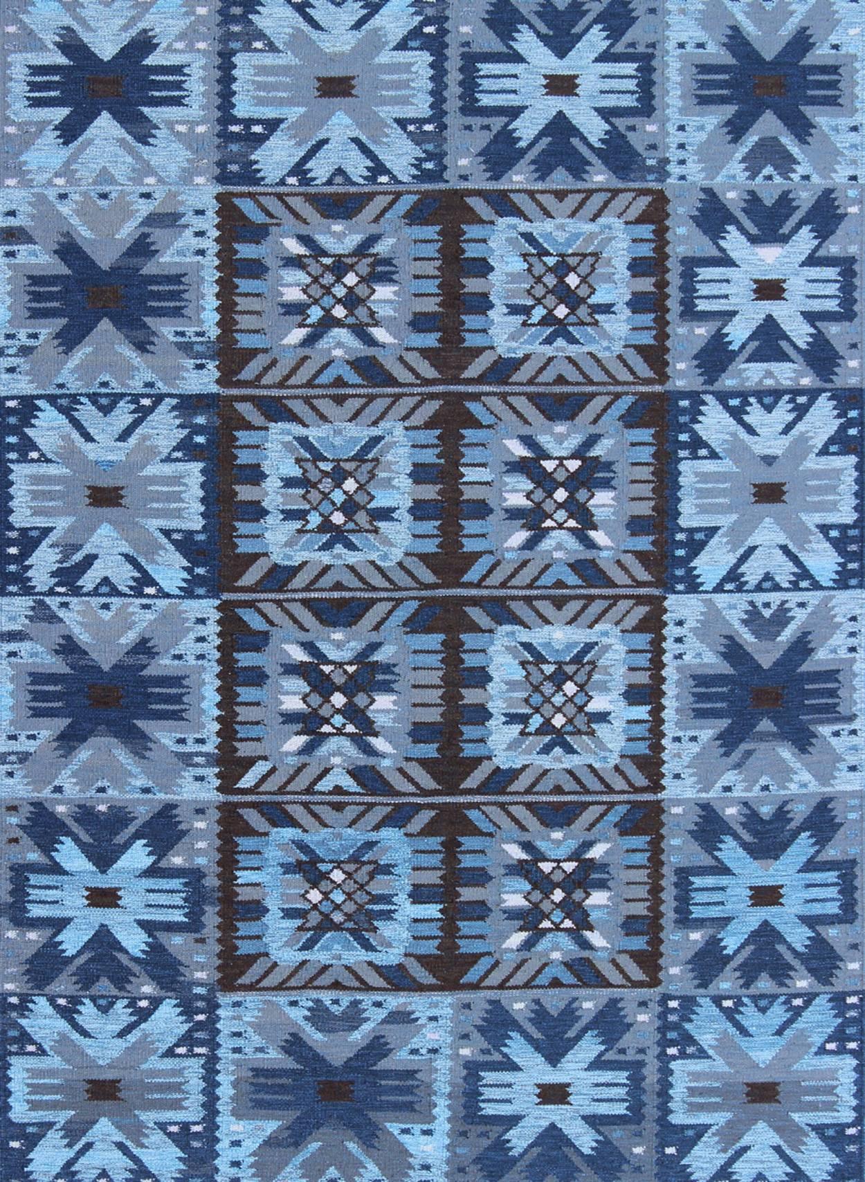 Scandinavian Modern Scandinavian Flat-Weave Swedish Design Rug in Blue & Brown by Keivan Woven Arts For Sale