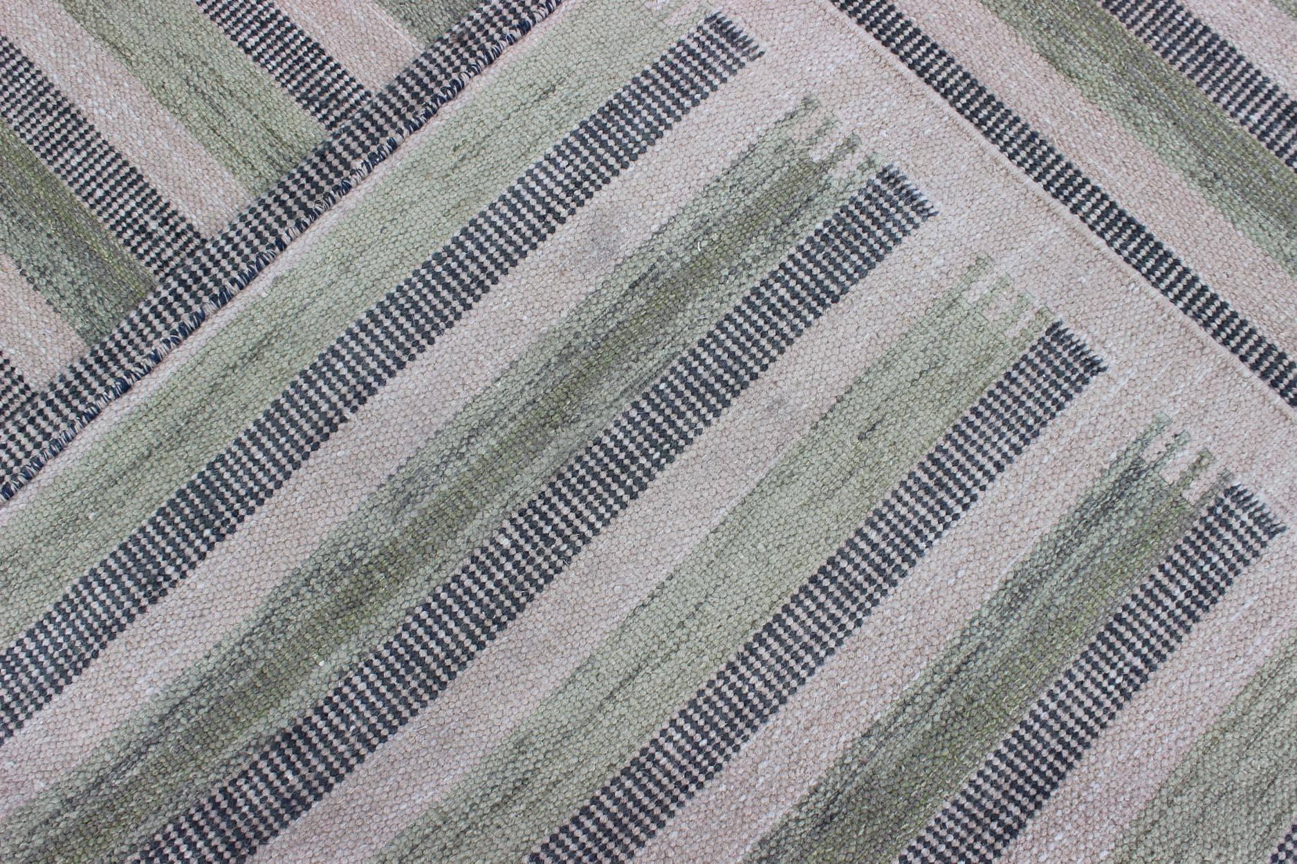 Indian Scandinavian Design Flat-Weave Rug with Striped Design in Charcoal and Green For Sale