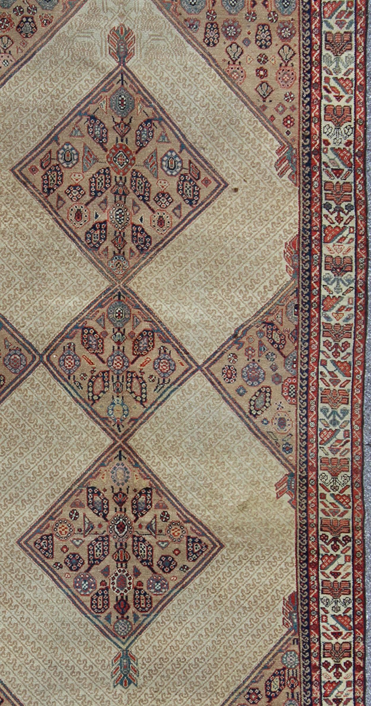 Hand-Knotted Antique Persian Serab Runner with Tribal Geometric Pattern in Camel, Red & Blue For Sale