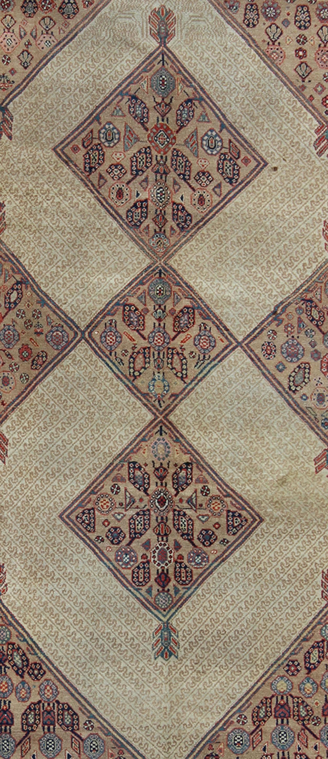 Antique Persian Serab Runner with Tribal Geometric Pattern in Camel, Red & Blue In Excellent Condition For Sale In Atlanta, GA