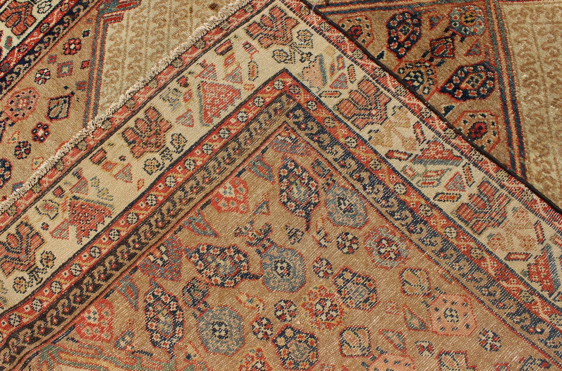 Late 19th Century Antique Persian Serab Runner with Tribal Geometric Pattern in Camel, Red & Blue For Sale