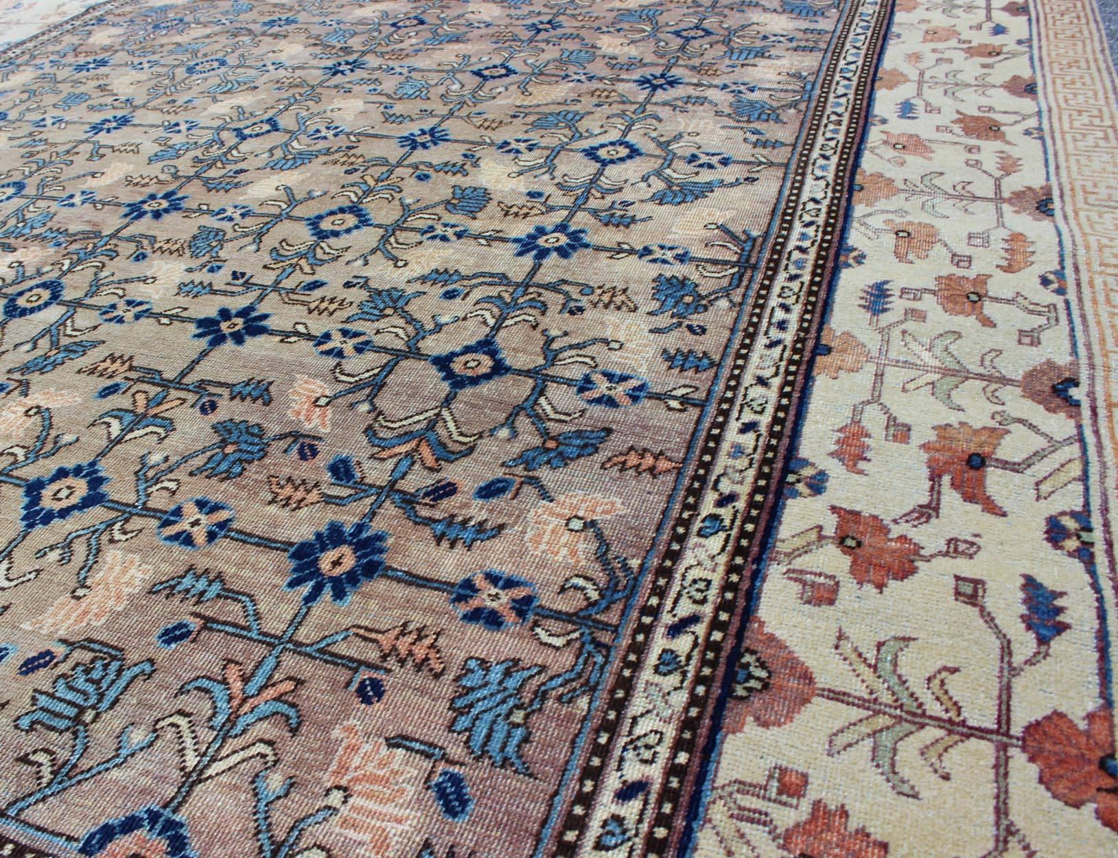 Early 20th Century Antique Khotan Rug with All-Over Floral Blossom Design in Gray, Ivory and Blue